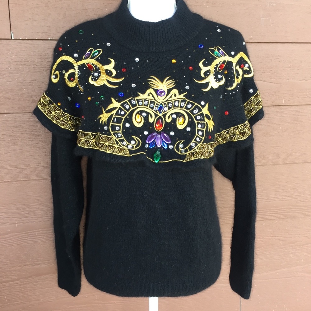 Vintage 80s jeweled holiday sweater black small
